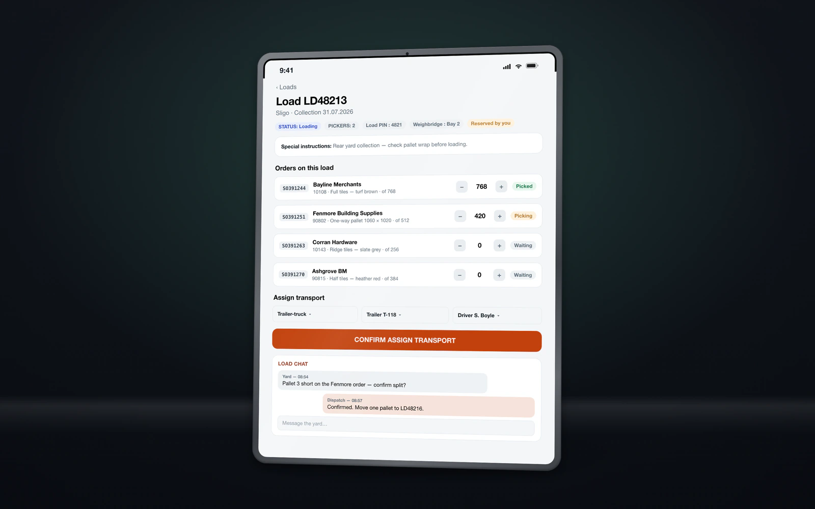 Tablet showing a load screen with pick-quantity steppers per order, transport assignment dropdowns, a confirm button, and a load chat panel.