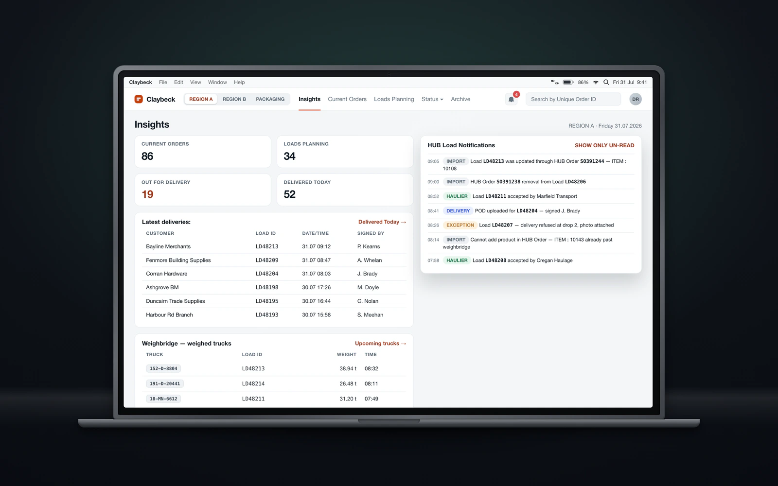 Operations dashboard with a three-division workspace switcher, order and load counters, a weighbridge log, and an open load-notifications panel.