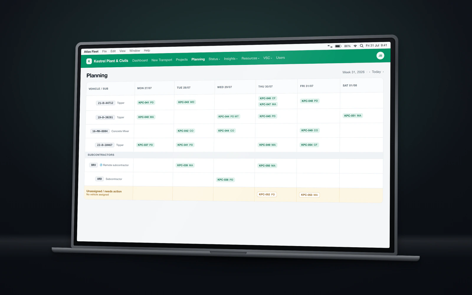Planning screen with a week-by-vehicle grid: plates and subcontractor codes down the left, day columns with job chips, and an amber unassigned row.