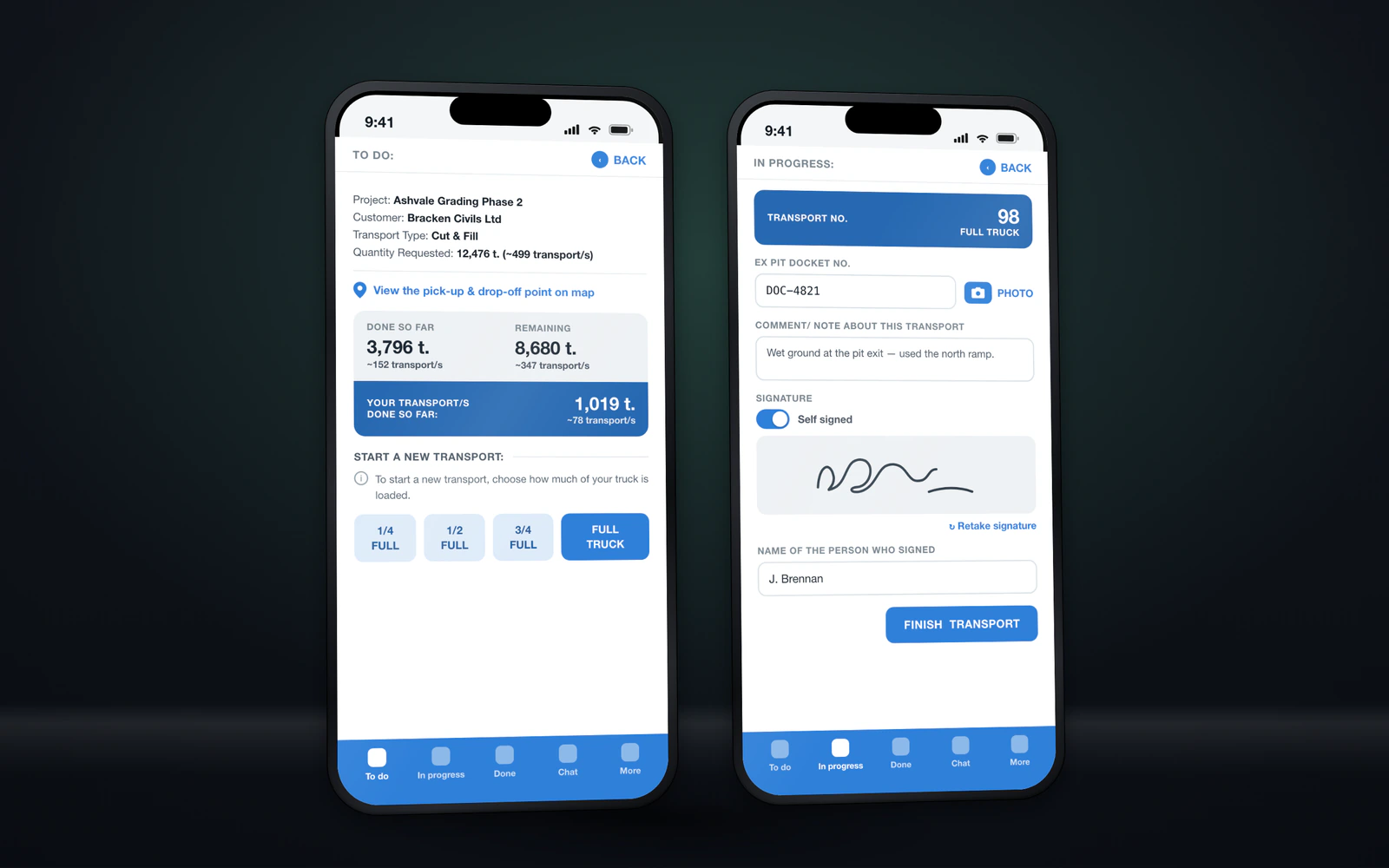 Two phone screens of the driver app: one with project tonnage totals and load-fraction buttons, one with a docket field, photo button, signature pad, and a finish-transport button.