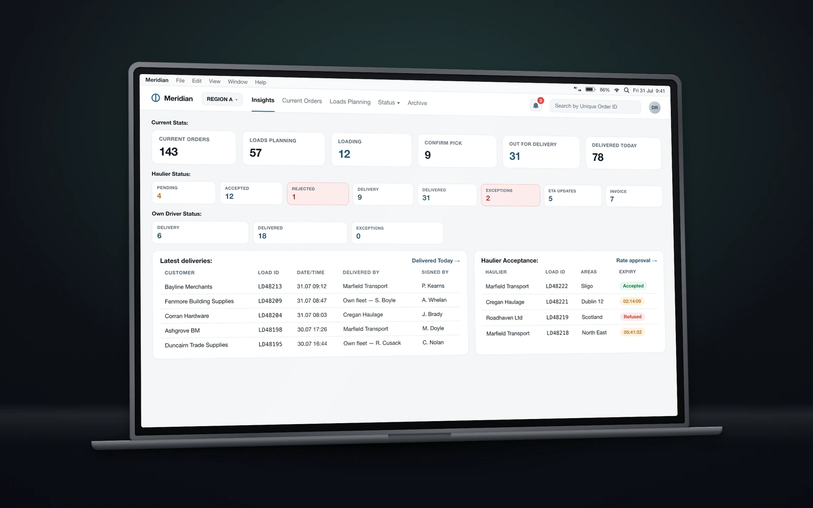 Operations dashboard with order and load counters, haulier and driver status chips, latest deliveries, and a haulier-acceptance panel with expiry countdowns.