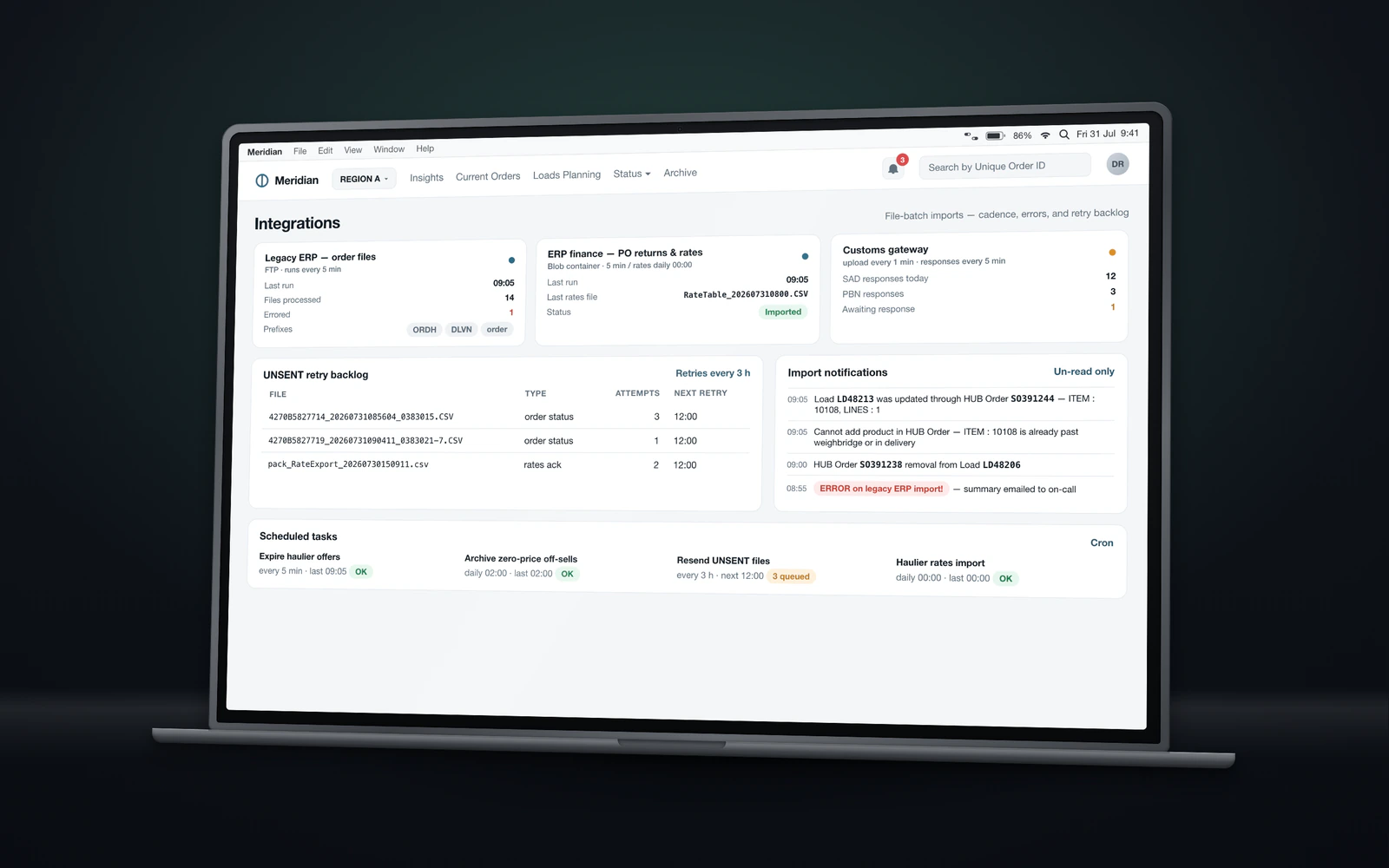 Integration monitor listing three batch imports with cadence and error counts, a retry backlog of unsent files with attempt counts, and an import-notification feed.